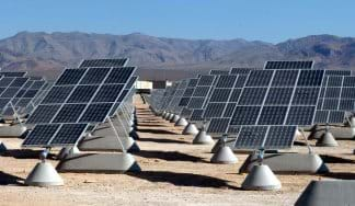 Photo shows a field of black and silver grid panels all facing the same angle and mounted on vertical metal rods in concrete bases.