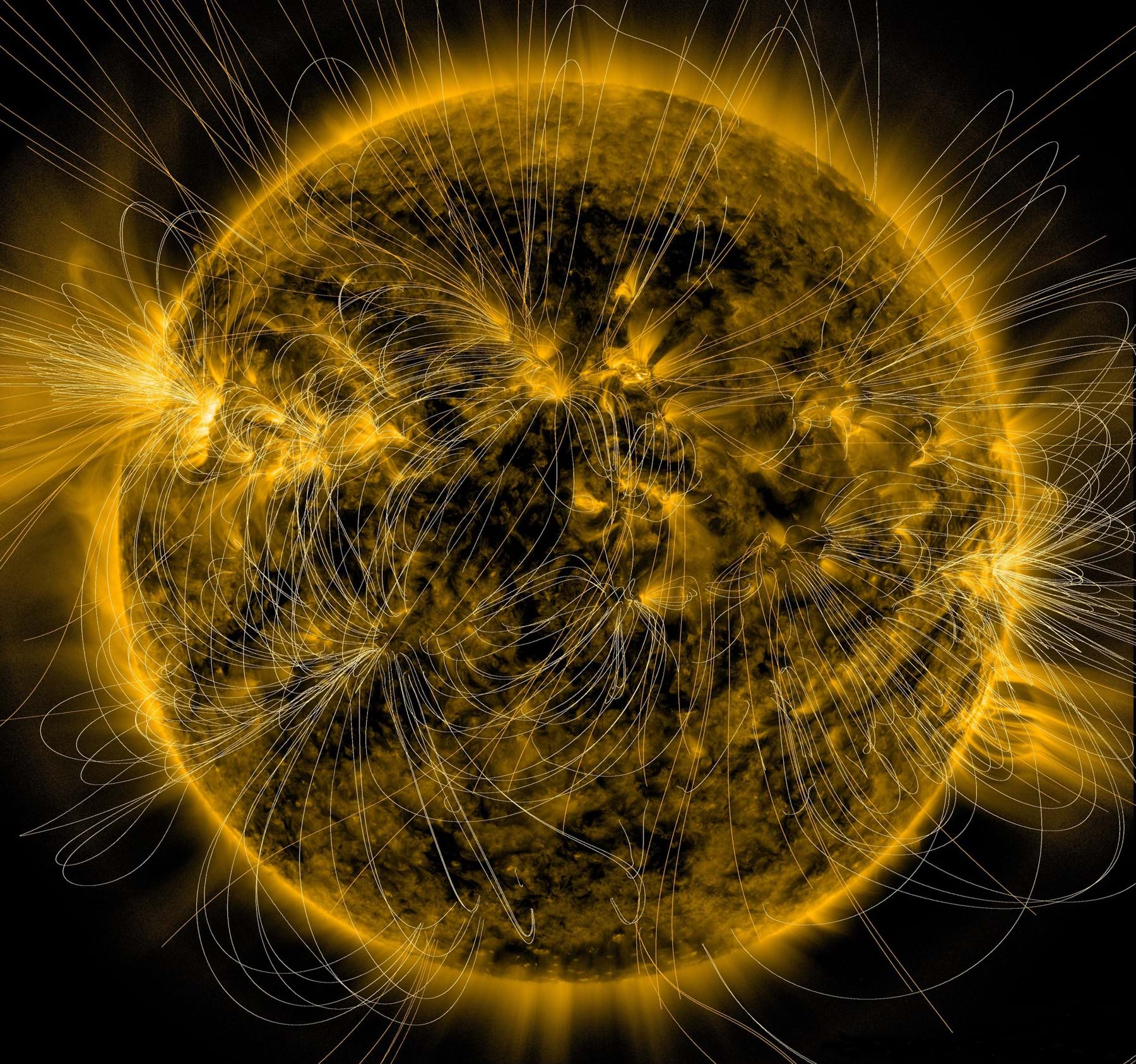 Drawing shows arcs of yellow light looping every which way across the curved shape of the Sun.