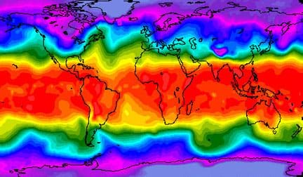 Flat map of the Earth's continents overlaid with colors. Hottest colors fall through the middle, along the equator. Other colors show cooler regions above and below the equator. 