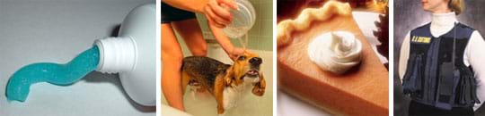 Four photos show blue gel being squeezed out of a tube, a girl pouring water over a dog in a tub, a swirl of whipped cream on a piece of pie and a female customs agent wearing a black vest.
