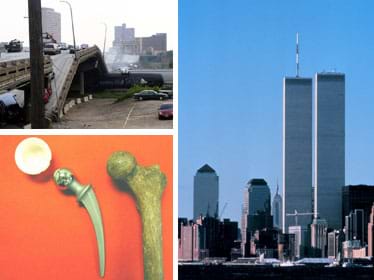 Three photos: The collapsed I-35 concrete bridge in Minneapolis MN with several stopped cars on it. A human hip bone lies next to a surgical hip implant. The top one-third of the femur has a ball-shaped femoral head; it lies next to a smaller metal version of the bone and a white hollow half sphere. View of two World Trade Center towers and the Manhattan Island skyline in New York City.