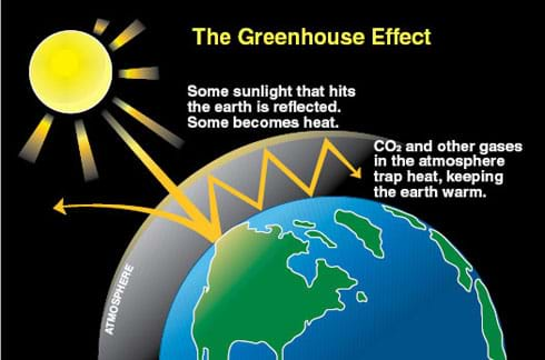 A diagram of the sun, Earth and the Earth's atmosphere with arrows showing energy movement. Some sunlight that hits the Earth is reflected; some becomes heat. CO2 and other gases in the atmosphere trap heat, keeping the Earth warm.