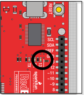 A schematic diagram shows a RedBoard Arduino with a black circle around the location of the LED on pin 13.