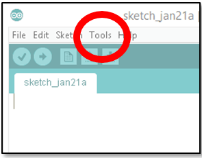 A zoomed-in screenshot of the Arduino programming platform showing a horizontal menu of options (File, Edit, Tools, Help) with a large red circle around the word Tools.