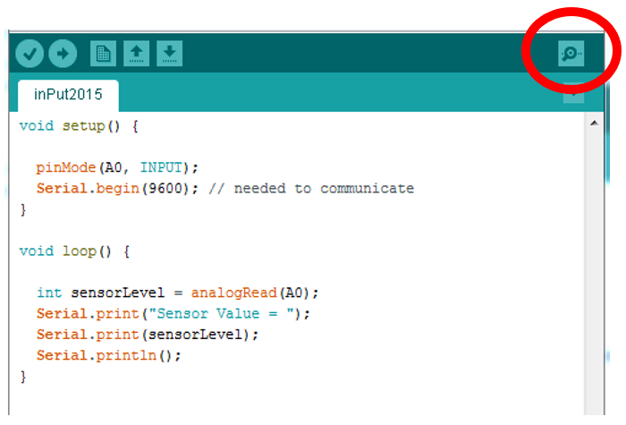 A screenshot of the Arduino programming platform shows the code to work the sensor. Commands include setup, loop, pinMode, Serial.begin, int sensorLevel, Serial.print, and Serial.printIn. A red circle is around the magnifying glass symbol in the upper-right corner. 