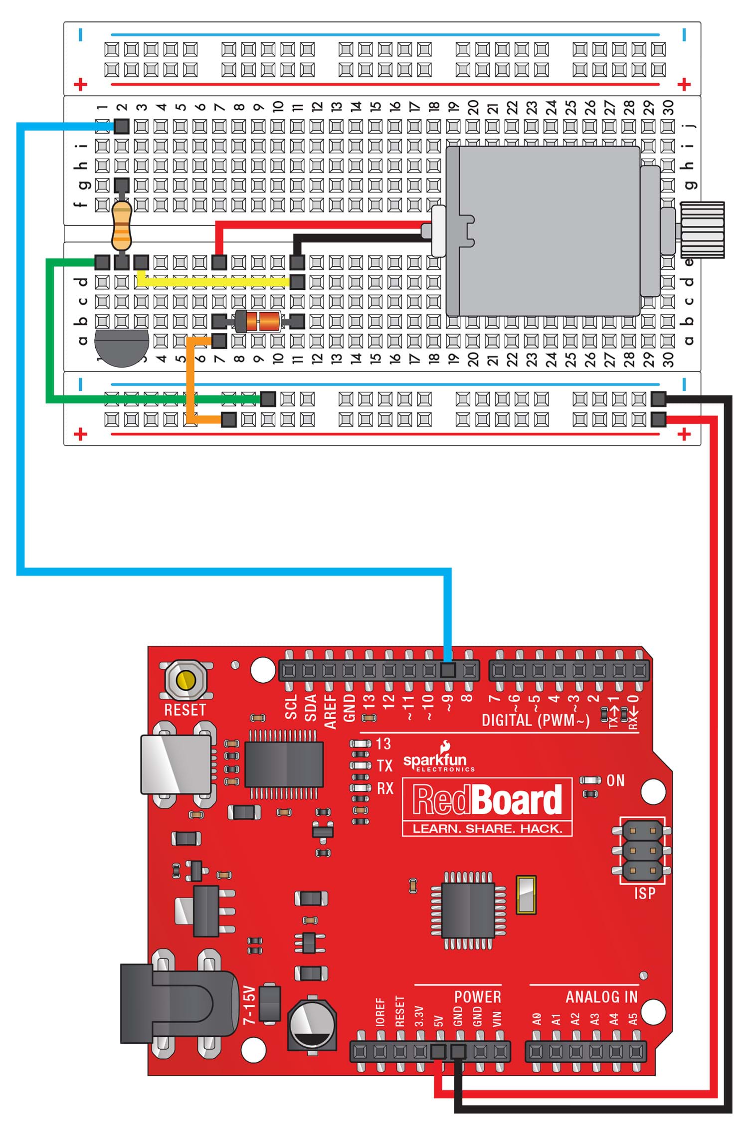 A schematic diagram shows a breadboard and the location of wires to Arduino pin 9, voltage, and ground.