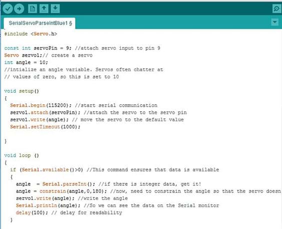 A screen capture shows the code for the serial servo. Includes void setup and void loop commands.