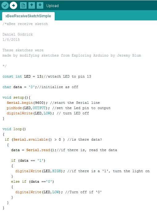 A screen capture shows a simple XBee sketch code to receive data.