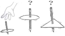 Un bosquejo a lápiz muestra dos versiones de los trompos de esta actividad, hechos con figuras de cartón (círculo, triángulo) unidas a lápices que giran sobre sus puntas. Una mano gira un tecer trompo hecho con un círculo más pequeño.