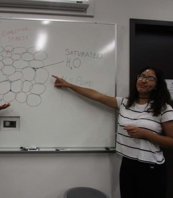 A student explains the relationship between total stress, effective stress, and pore pressure on a whiteboard inside a classroom.