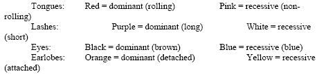 Tongues: red = dominant (rolling), pink = recessing (non-rolling); lasshes: purple = dominant (long), white = recessive (short); eyes: black = dominant (brown), recessive (blue); earlobes: orange = dominant (detached), yellow = recessive (attached).