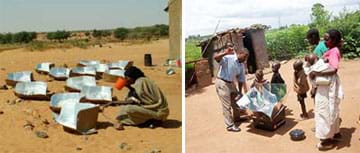 Two photographs: More than 10 solar cookers, each filled with water, in a dry dirt field. A family of three adults and four children around a solar oven near a hut.
