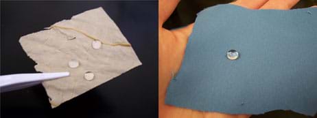 Two photos show bead-shaped water droplets on a tan material (left) and a blue cloth (right).