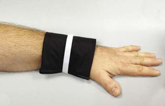 A photograph shows a forearm with a black wrap around the wrist—a medical device to help people with Raynaud's disease treat painfully cold hands, fingers, feet and toes.