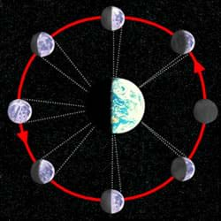 A diagram shows the different phases of the Moon relative to the Earth.