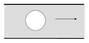 A line drawing shows a circle (particle) and an arrow (showing direction of movement) within a horizontal pathway. The circle width occupies at least half of the width of the pathway.