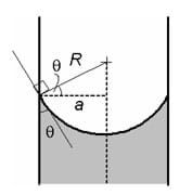 Line drawing of a spherical meniscus with angles and radius indicated.