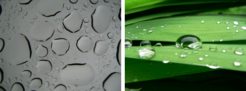 Two photos: (left) Flat, watery areas on a glass surface. (right) Rounded water beads on a green leaf.