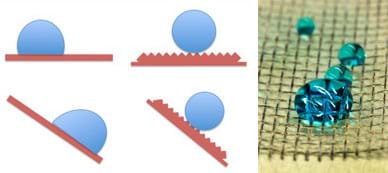 (left) A four-part diagram shows side views of water droplets rolling off a normal surface (the water droplet is flattened on the side in contact with the surface) and a superhydrophobic surface (the water droplet bead sits above a bumpy surface). (right) Beaded water droplets sit intact on a screen-like grid surface.