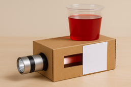 A photo of a simple student-built diagnostic device made from a small rectangular cardboard box. A flashlight is inserted into one end of the box, aimed through a cut-out section. There is a cup with red solution that sits within the device. 