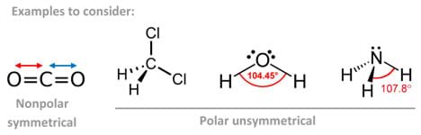 A diagram shows four examples of polar and nonpolar molecules (2D representations) along with their bond types. Dipole moments are indicated using vectors. Resultant dipole moment vectors indicate where the shared pair of electrons were shifted. The examples are carbon dioxide (CO2), dichloromethane (CH2Cl2), water (H2O) and ammonia (NH4). A diagram shows four examples of polar and nonpolar molecules (2D representations) along with their bond types. Dipole moments are indicated using vectors. Resultant dipole moment vectors indicate where the shared pair of electrons were shifted. The examples are carbon dioxide (CO2), dichloromethane (CH2Cl2), water (H2O) and ammonia (NH4).