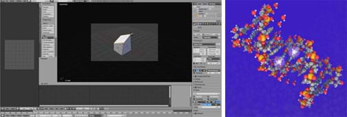 Two photographs show images made using Blender software: A screen capture shows the image of a 3D polygon. A colorful illustration with a blue background shows the twisted 3D shape of DNA methylation. Two photographs show images made using Blender software: A screen capture shows the image of a 3D polygon. A colorful illustration with a blue background shows the twisted 3D shape of DNA methylation.