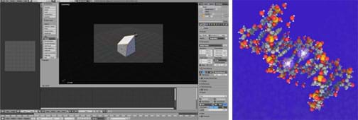Two photographs show images made using Blender software: A screen capture shows the image of a 3D polygon. A colorful illustration with a blue background shows the twisted 3D shape of DNA methylation.