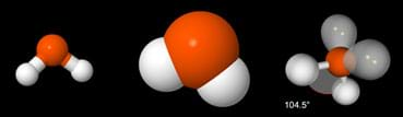 On a black background, a molecule of H2O is depicted graphically in three ways. The “ball-and-stick” model looks like it is composed of thick sticks with round ends. The “space-filling model looks like a three-bump balloon. The valence shell electron pair repulsion theory (VSEPR) version looks like thin sticks with balloon-like ends.