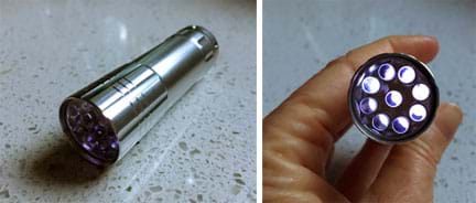 Two photographs. A three-inch-long silver cylindrical object—an LED flashlight. A view looking into one end of the flashlight, which is the outer lens where light emerges, showing nine smaller round light sources (LEDs) arranged in a circular formation.