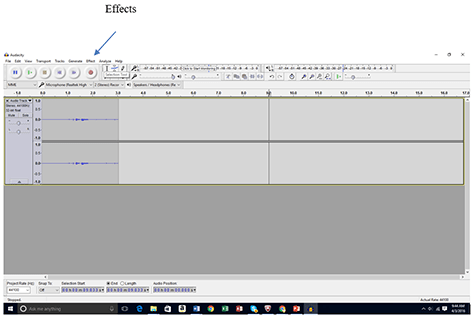 A screenshot shows a gray window with a band of icons and buttons across the top. An arrow points to “Effects” on the top of the Audacity software menu bar.