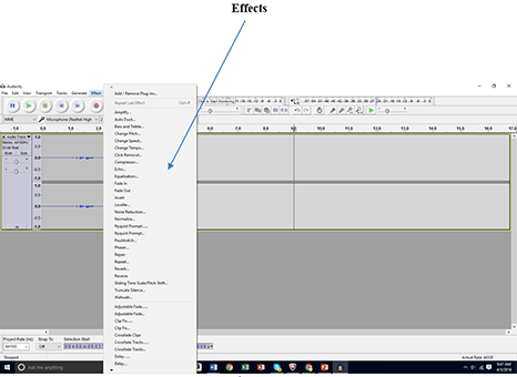 A screenshot shows a gray window with a band of icons and buttons across the top. An arrow points to long listing of effects available in the Audacity software.