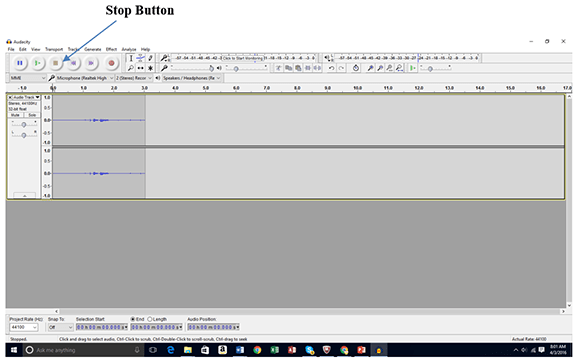 A screenshot shows a gray window with a band of icons and buttons across the top. An arrow points to the “Stop” button on the Audacity software menu bar.