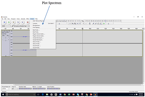 A screenshot shows a gray window with a band of icons and buttons across the top. An arrow points to “Plot Spectrum” on the Audacity software “Analyze” menu bar.