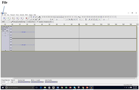A screenshot shows a gray window with a band of icons and buttons across the top. An arrow points to “File” on the far top left of the Audacity software menu bar.