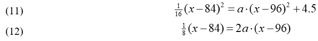 Equations 11 and 12: 1/16 times (x minus 84)-squared = a times (x minus 96)-squared plus 4.5; 1/8 times (x minus 84) = 2 a times (x minus 96).