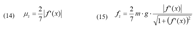 Equations 14: coefficient of static friction, μ = 2/7 times the absolute value of f’ (x). Equation 15: static friction force = 2/7 m times g times the absolute value of f’ (x) divided by the square root of 1 plus (f’ (x))-squared.