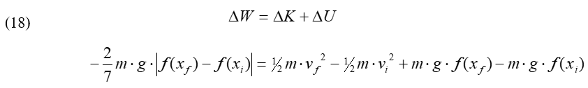 Equation 18, the work-energy equation: change in W = change in K + d=change in U; negative 2/7 m times g times the absolute value of (f (final x) minus f (initial x)) = ½ m times final v-squared minus ½ m times initial v-squared plus m times g times f (final x) minus m times g times f (initial x).