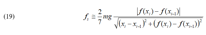 Equation 19, to estimate the friction force: static friction force = 2/7 m times g times the absolute value of (f (initial x) minus f (initial-1 x)) divided by the square root of (initial x – initial-1 x) plus (f (initial x) minus (f (initial -1 x))-squared.