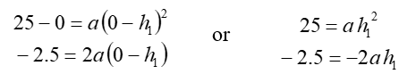 25 – 0 = a times (0 minus h-1)-squared; negative 2.5 = 2 a times (0 minus h-1); or 25 = a times h-1-squared; negative 2.5 = -2 a times h-1.