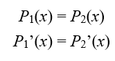 Two equations that express the condition that parabolas 1 and 2 must be tangent to each other: P-1(x) = P-2(x); P-1’(x) = P-2’(x).