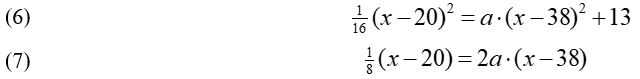 Equations 6 and 7: 1/16 times (x minus 20)-squared = a times (x minus 38)-squared plus 13; 1/8 times (x minus 20) = 2 a times (x minus 38).