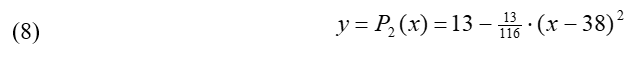 Equation 8: The equation for parabola 2: y = P-2 (x) = 13 minus 13/116 times (x minus 38)-squared.