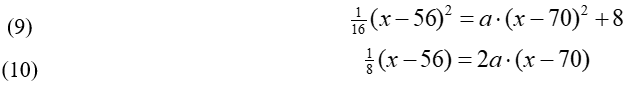 Equations 9 and 10: 1/16 times (x minus 56)-squared = a times (x minus 70)-squared plus 8; 1/8 times (x minus 56) = 2 a times (x minus 70).