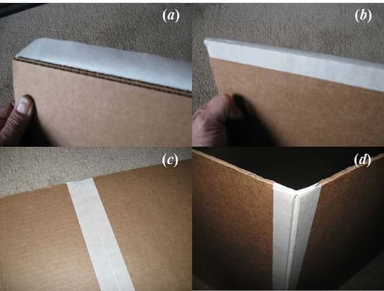 A sequence of four photographs shows the steps to tape together cardboard sheets to create a rigid plane on which to hold/adhere the roller coaster track.