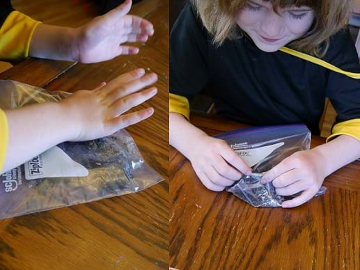 Child crushing cookies with palm; another frame with child pinching cookies with fingers.