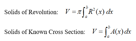 Equation for the volume of solids of revolution = V = pi*x the integral from a to b of R^2(x)dx. Equation for the volume of solids of known cross section = V = the integral from a to b of A(x)dx.