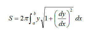 S = 2*pi times the integral from a to b of (y times the square root of (1+(dy/dx)^2)dx