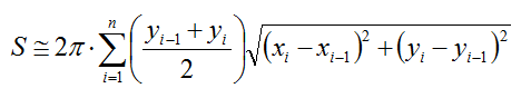 S = ~ 2*(pi) times the summation from i=1 to n of [((yi-1+yi)/2) times the square root of ((xi-xi-1)^2+(yi-yi-1)^2)].
