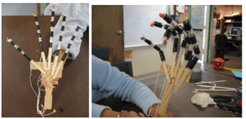 Side-by-side images of the completed mechanical hand being articulated by manual string control, with the hand being held upright on the left and shown articulating on the right. Side-by-side images of the completed mechanical hand being articulated by manual string control, with the hand being held upright on the left and shown articulating on the right.