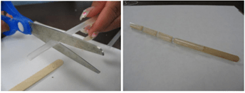 Side-by-side photos of the final trimming of straw pieces with scissors on the left, and the completed finger model with three straw joints affixed to a popsicle stick on the right. Side-by-side photos of the final trimming of straw pieces with scissors on the left, and the completed finger model with three straw joints affixed to a popsicle stick on the right.